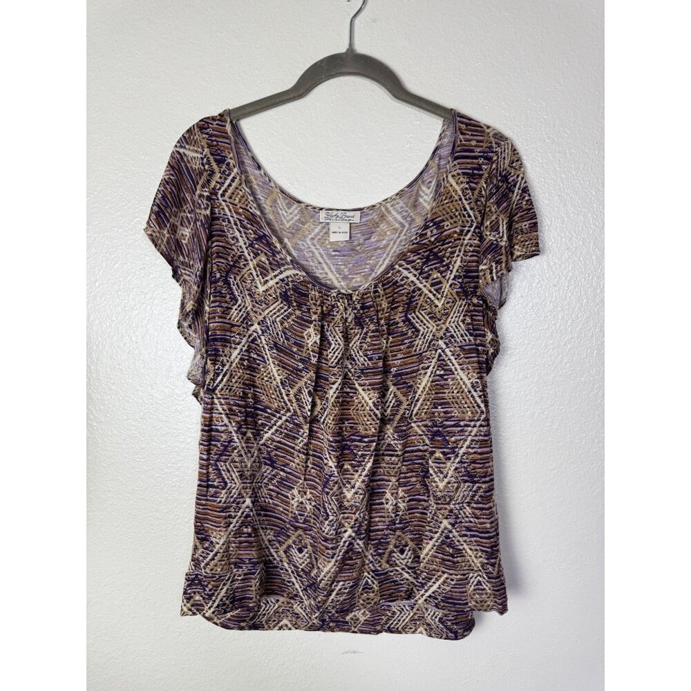 Lucky Brand Womens Geometric Short Sleeve Blouse Top Size Large Boho Peasant - Picture 11 of 11